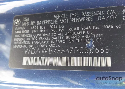 2007 BMW 335I z USA, uszkodzony, nr VIN WBAWB73537P035635